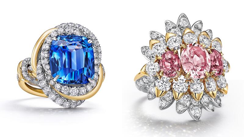 The “Monarch” ring (left) featuring a 10.83-carat cushion-cut unenhanced Montana sapphire and a “Butterfly” ring (right) showcasing three oval-cut padparadscha sapphires totaling 4.33 carats, both in platinum and 18-karat yellow gold with diamond accents (both price upon request) Tiffany & Co. Blue Book 2026: Hidden Garden Butterfly Ring and Monarch Ring